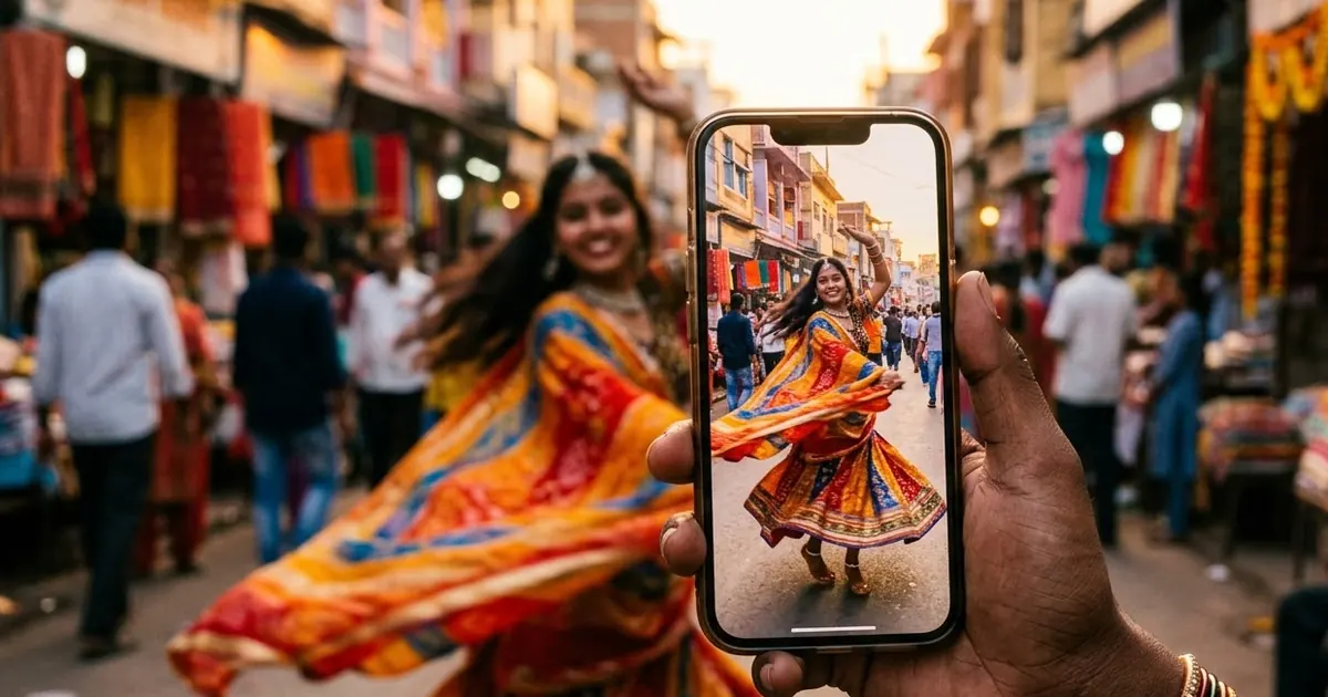 A young woman mid-dance-step on a colourful street at golden hour, her dupatta swirling, seen on a phone screen held up in the foreground