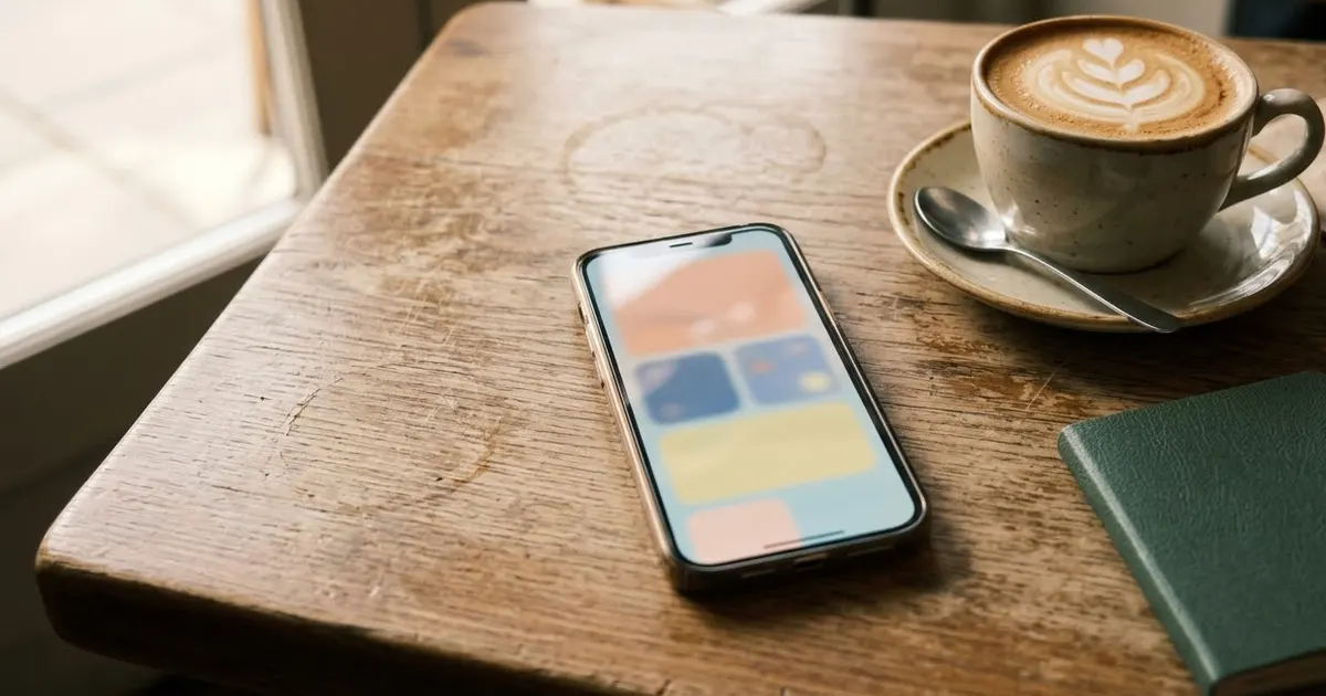 A smartphone on a wooden cafe table next to a latte and a green notebook, in warm daylight