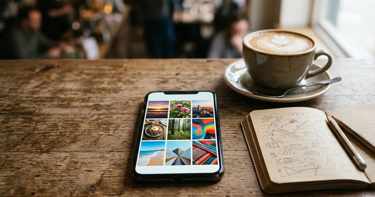 A phone showing a grid of colourful photos on a café table, next to a cappuccino and a notebook of pencil doodles