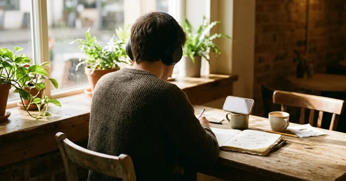 A person sitting with a notebook and a phone, practising conversation in headphones near a sunny window