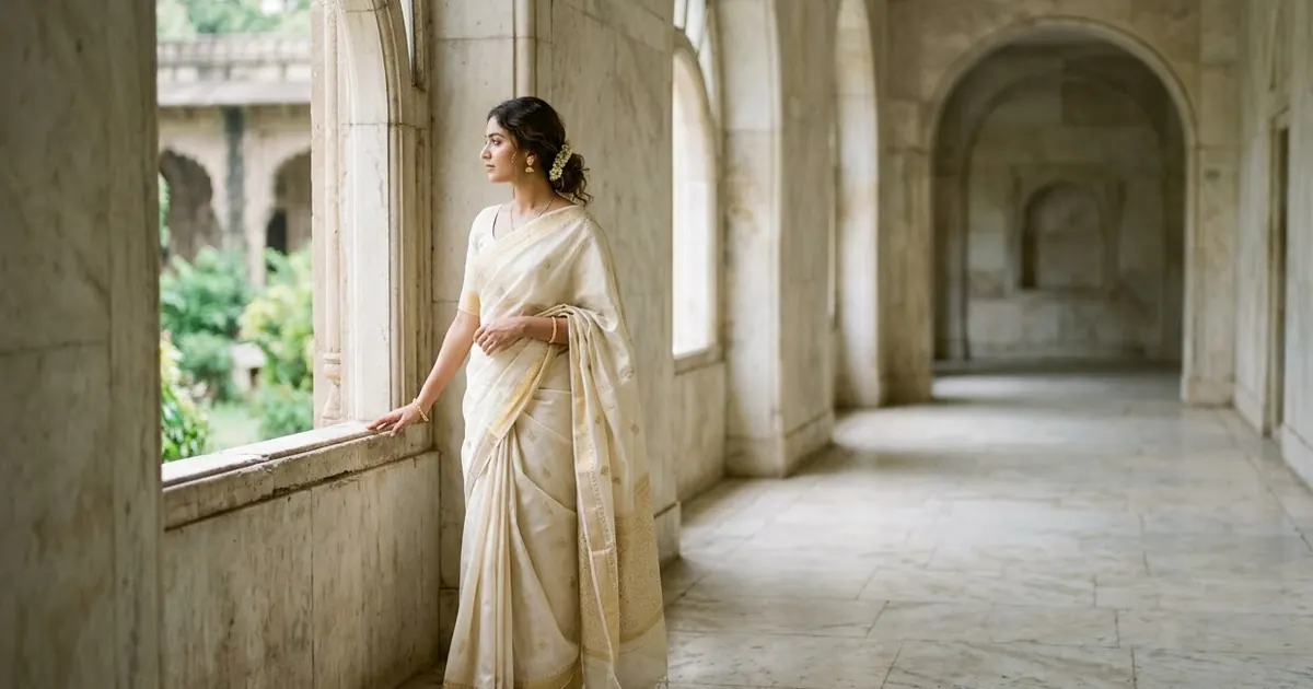 A woman in a cream silk saree and simple gold earrings standing by a tall arched window in a marble hallway, soft side light