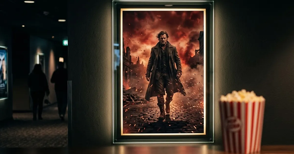 A large cinematic film poster in a lit frame on a cinema wall showing a man in a long coat against a smoky red sky, with a popcorn tub in the foreground