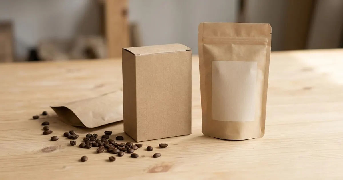 A small cardboard product box and a paper coffee bag with a simple label, sitting on a wooden table in soft daylight