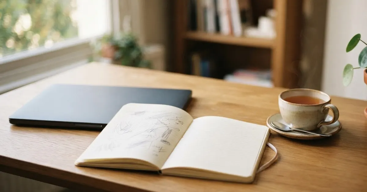 A notebook open to a half-written self-review next to a laptop and a cup of tea on an office desk