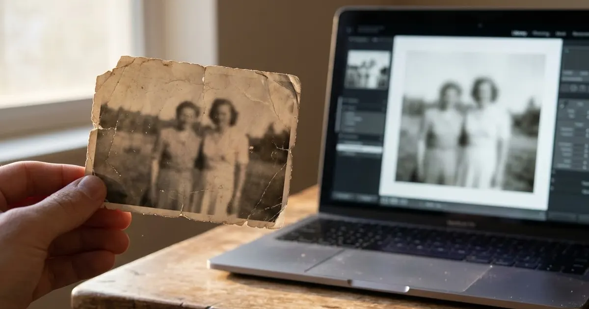 A torn, faded black-and-white family photograph being held up to the light next to a laptop showing the same photo restored