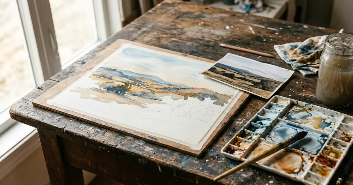 A half-finished watercolour landscape on an artist's table next to the printed photo it is painted from