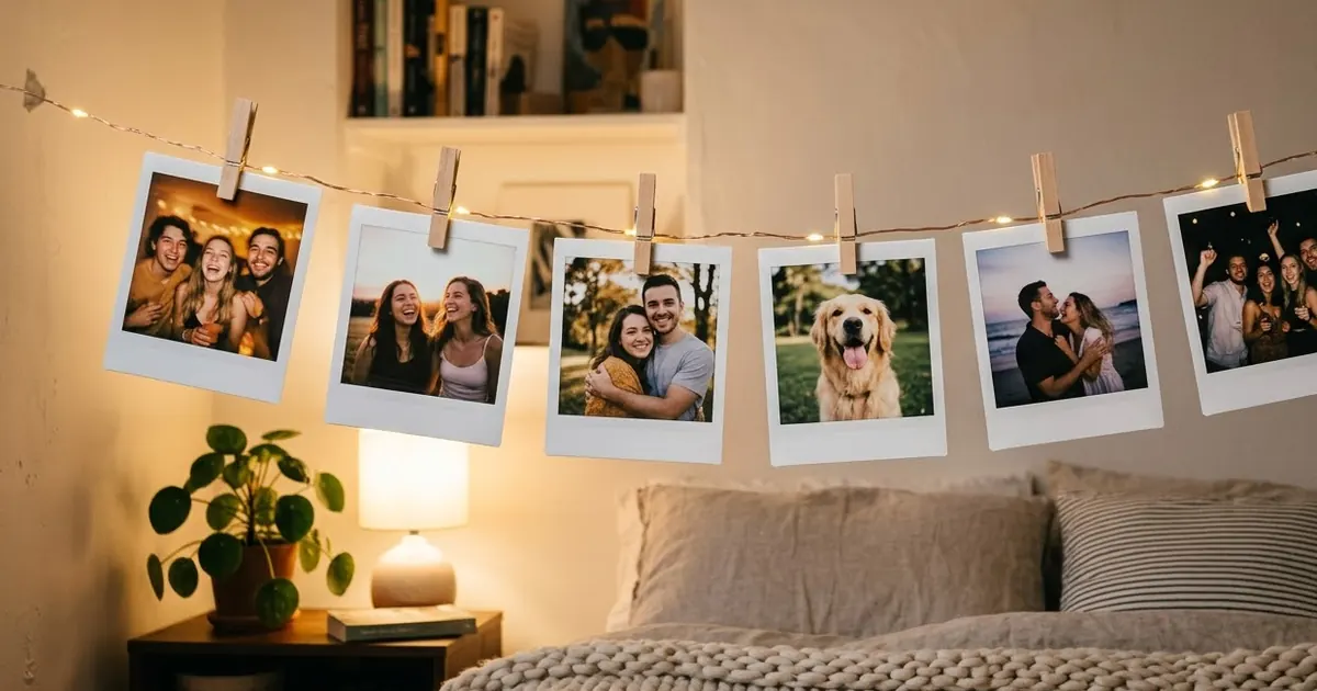 A row of instant photos of friends and a dog pegged on a string with fairy lights in a cosy bedroom