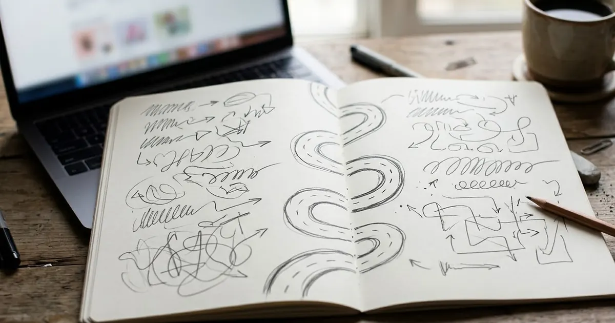 A person at a desk with a notebook of two columns, one headed "now" and one "next", a laptop and a cup of coffee