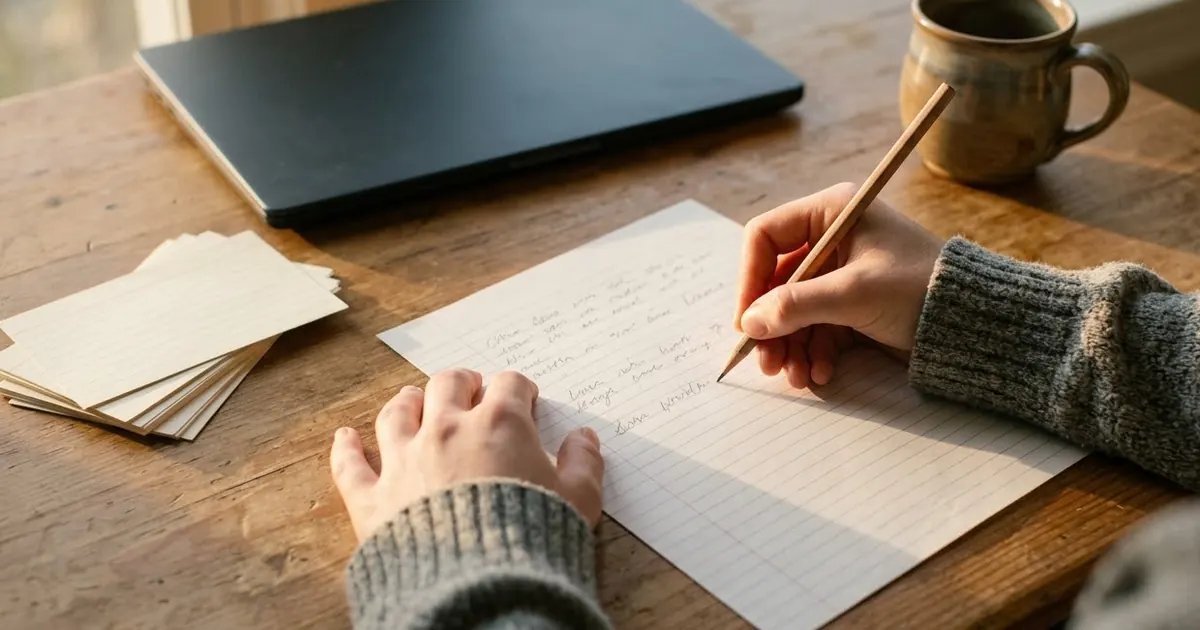 A student at a desk with a handwritten draft, a laptop and a mug, working on an application in warm afternoon light