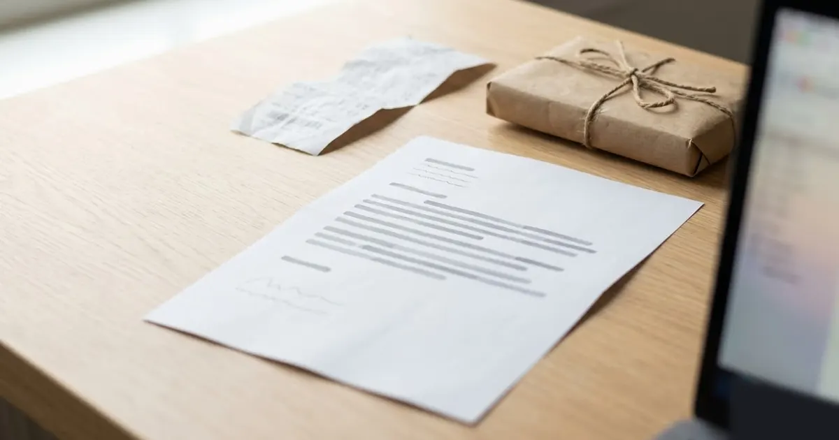 A desk with a printed complaint letter, a receipt, a parcel and a laptop showing an email draft