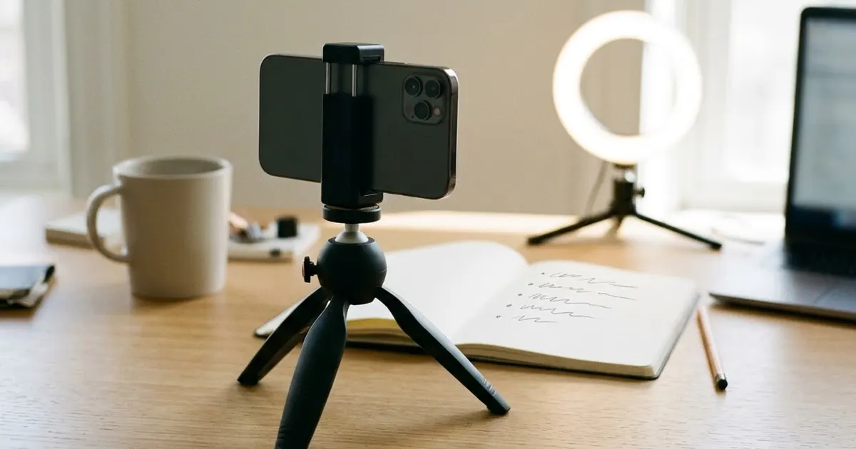 A phone on a tripod facing a desk with a notebook of bullet points, a ring light and a laptop showing a script draft