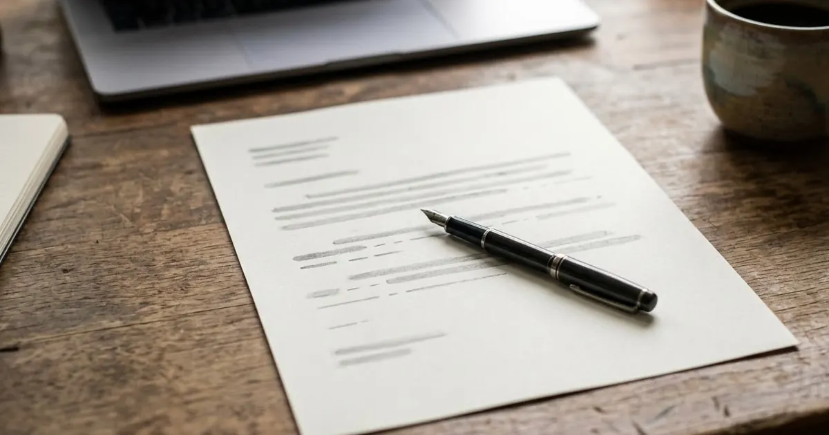 A printed cover letter on a desk with a pen, a laptop showing a job ad and a mug of coffee