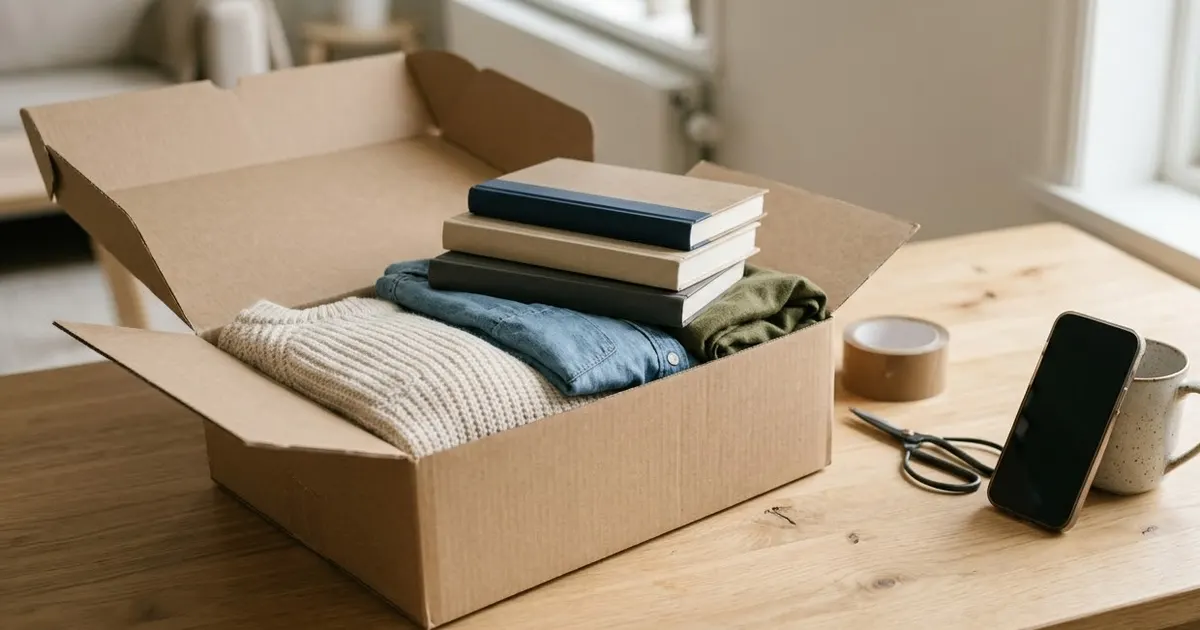 An open cardboard box of folded clothes and books on a wooden table, with a phone propped against a mug, tape and scissors beside it