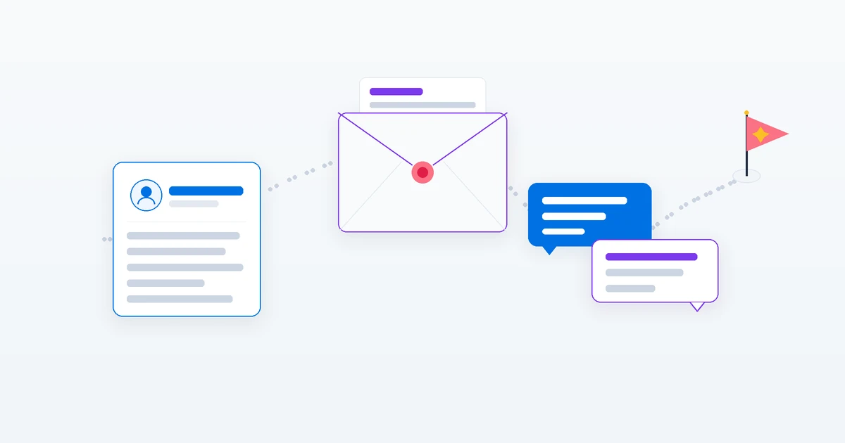 A resume, a cover letter and an interview chat bubble linked as steps on a path