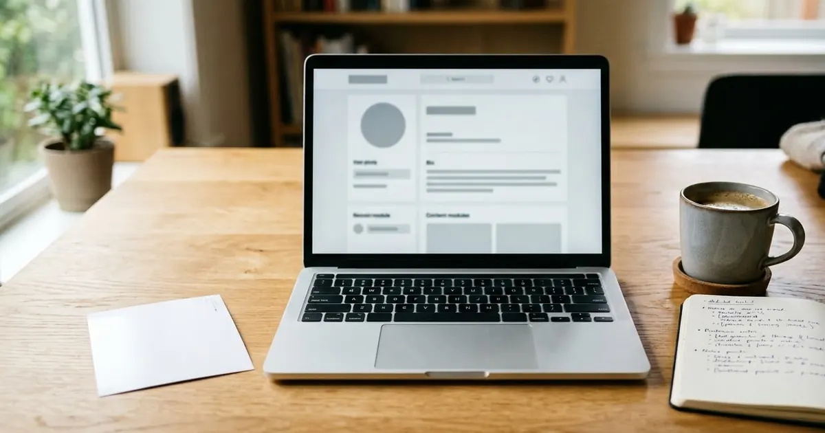 A laptop showing a LinkedIn profile being edited, with a printed headshot and a handwritten list of skills beside it