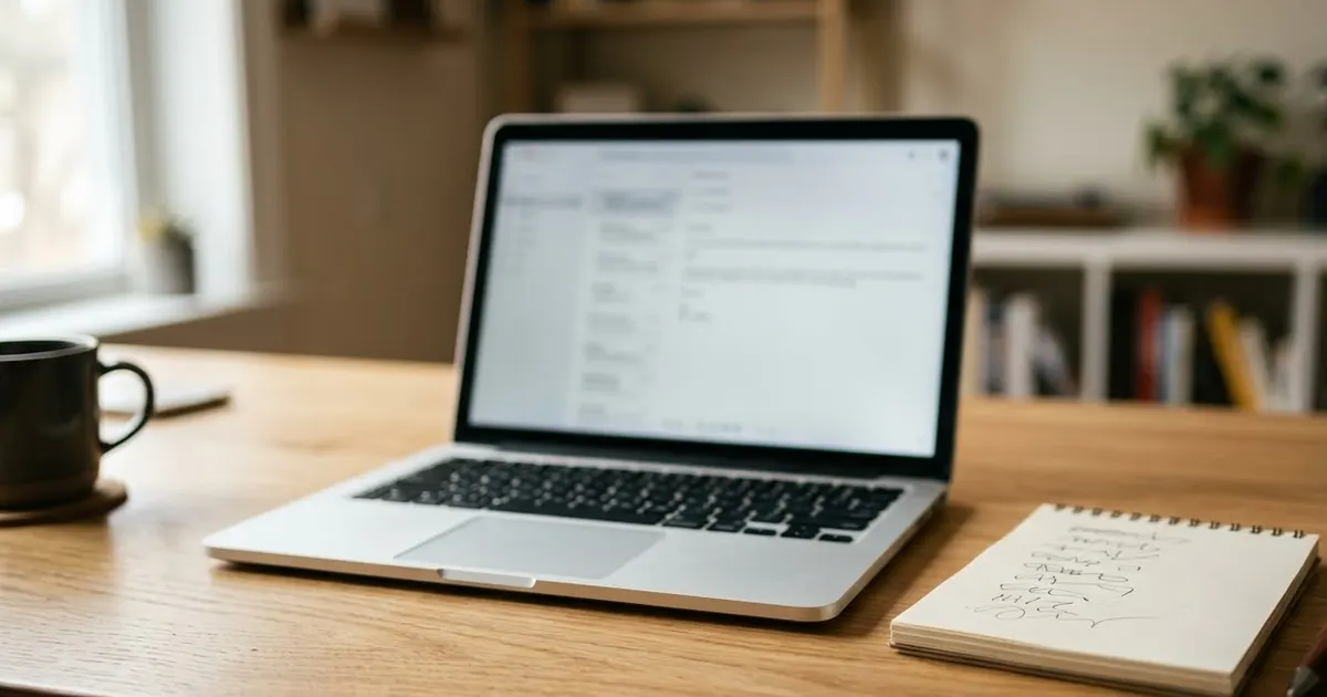 A laptop showing an email inbox next to a spiral notepad with handwritten scribbles on a wooden desk