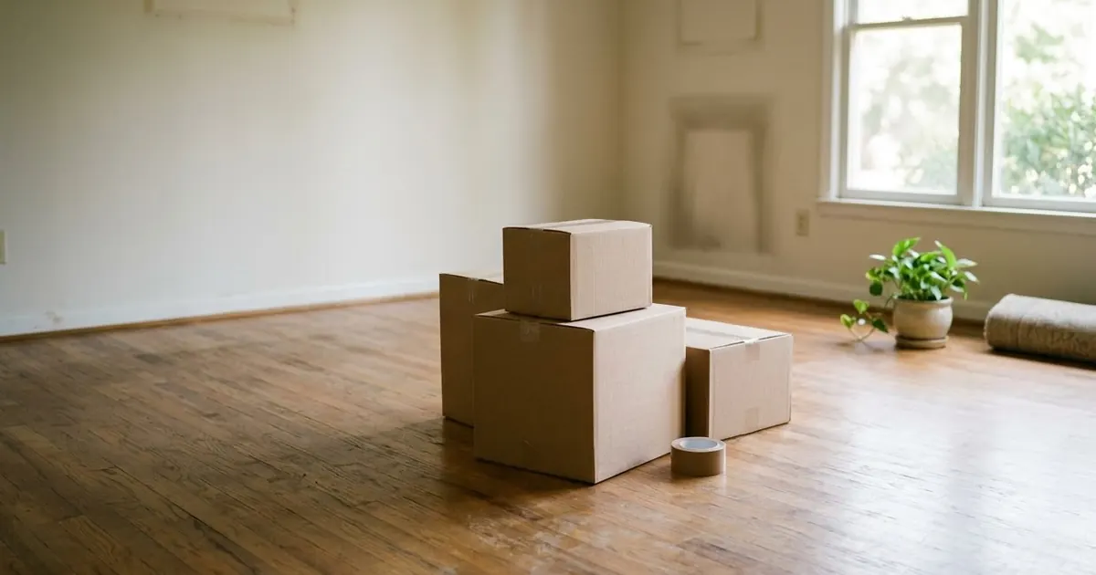 Cardboard boxes, a roll of tape and a small plant by a bright window in a half-empty living room