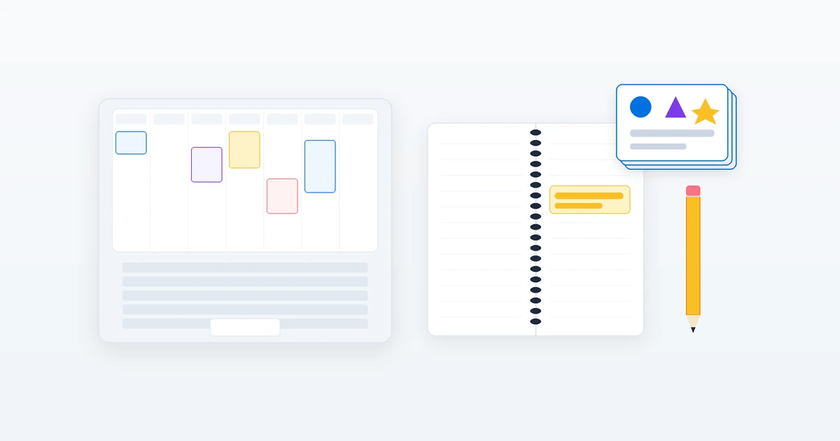 A desk with an open notebook, flashcards and a laptop showing a study schedule