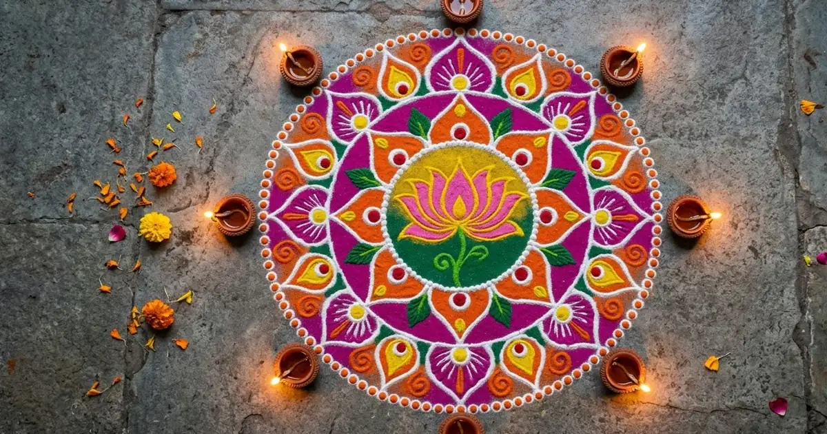 A colourful circular rangoli of magenta, orange and yellow powder with small lit clay diyas around its edge on a stone floor