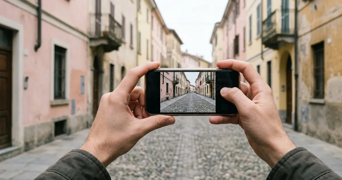Two hands holding a phone up to photograph an empty cobblestone street lined with pastel buildings