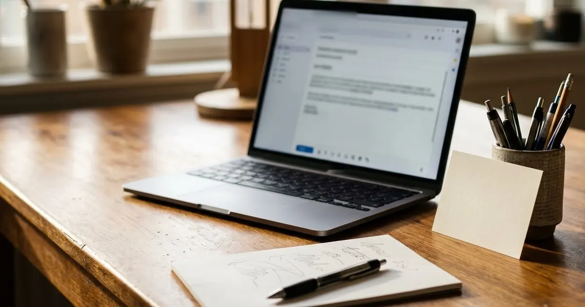 A desk with a laptop showing an email draft, a blank card, a pen cup and a notepad, in warm office light