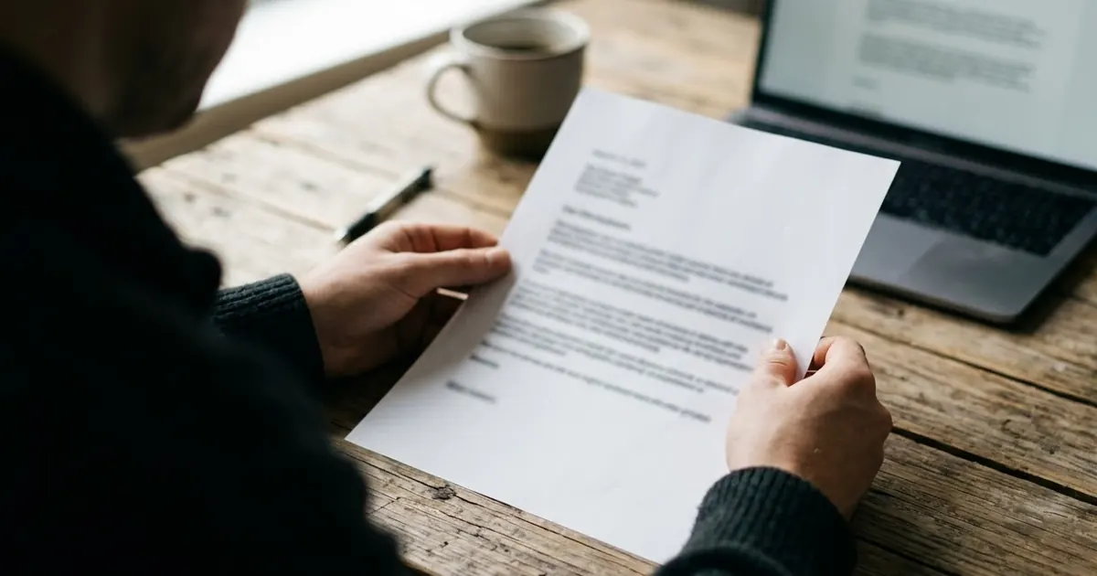 A person reviewing a printed job offer letter at a desk with a laptop and a cup of coffee nearby