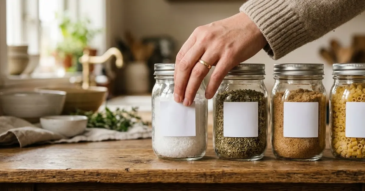 A hand placing a small label on a jar on a shelf, with several similar jars lined up beside it