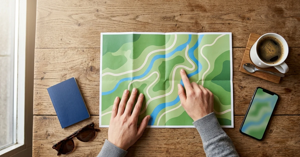 A hand tracing a route on a paper map beside a passport, sunglasses and a coffee on a cafe table