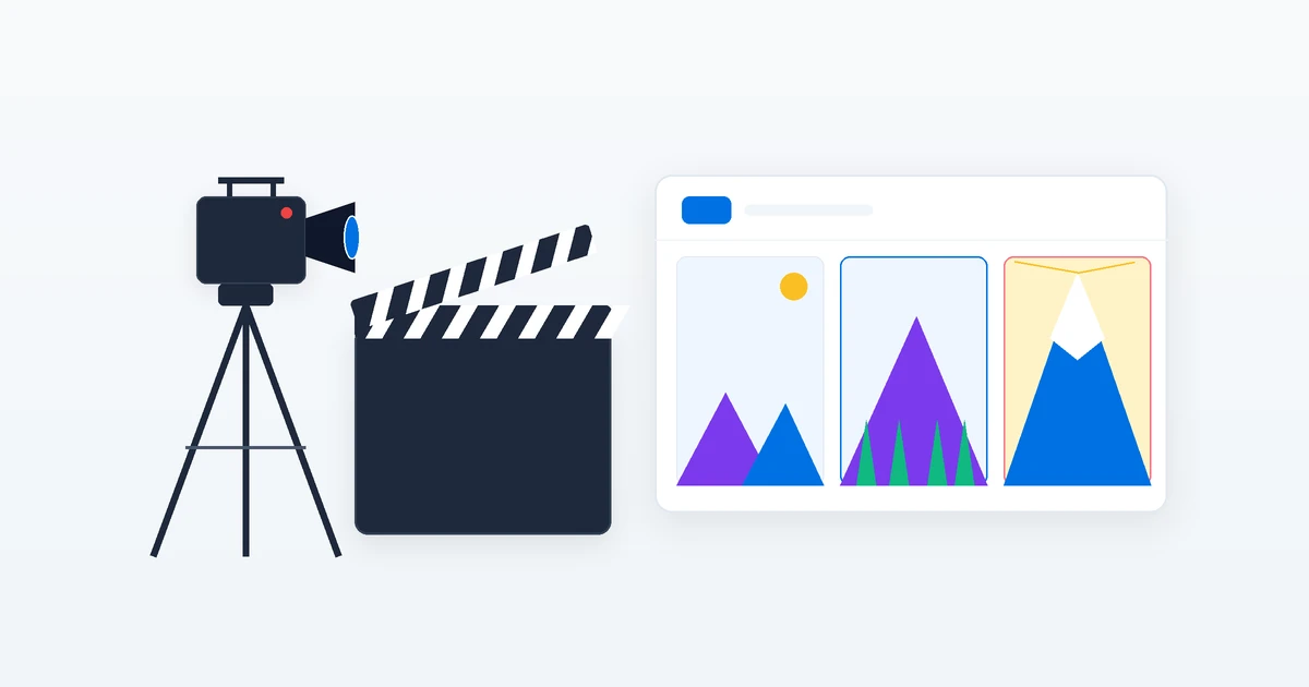 A film clapperboard beside a camera on a tripod with a storyboard of three frames
