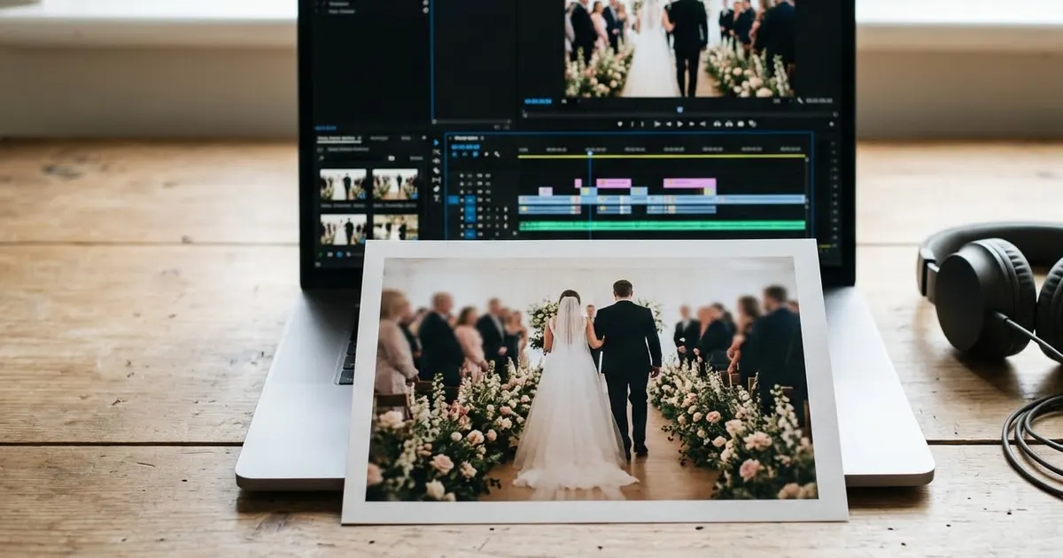 A wedding photo printed and propped against a laptop showing the same image turned into a video clip, with headphones beside it