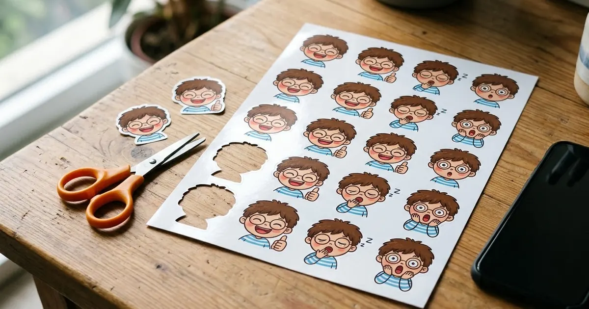 A sheet of glossy printed die-cut stickers of a cartoon boy with different expressions, lying on a desk next to a phone and scissors