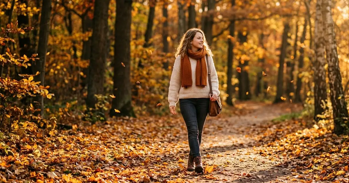 A woman in a rust-coloured knit sweater walking through a park path covered in golden autumn leaves in low afternoon sun