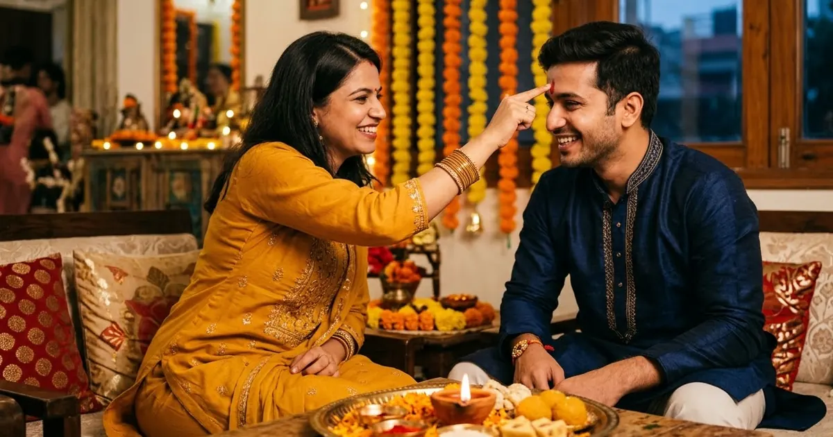 A sister applying a red tilak to her brother's forehead in a warmly lit room, a small brass thali with a diya and sweets in the foreground