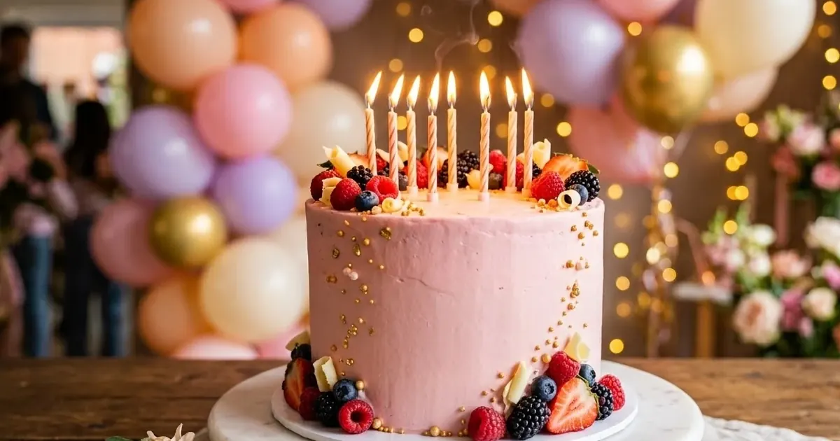 A pink birthday cake with lit candles on a white stand in front of pastel and gold balloons and warm fairy lights