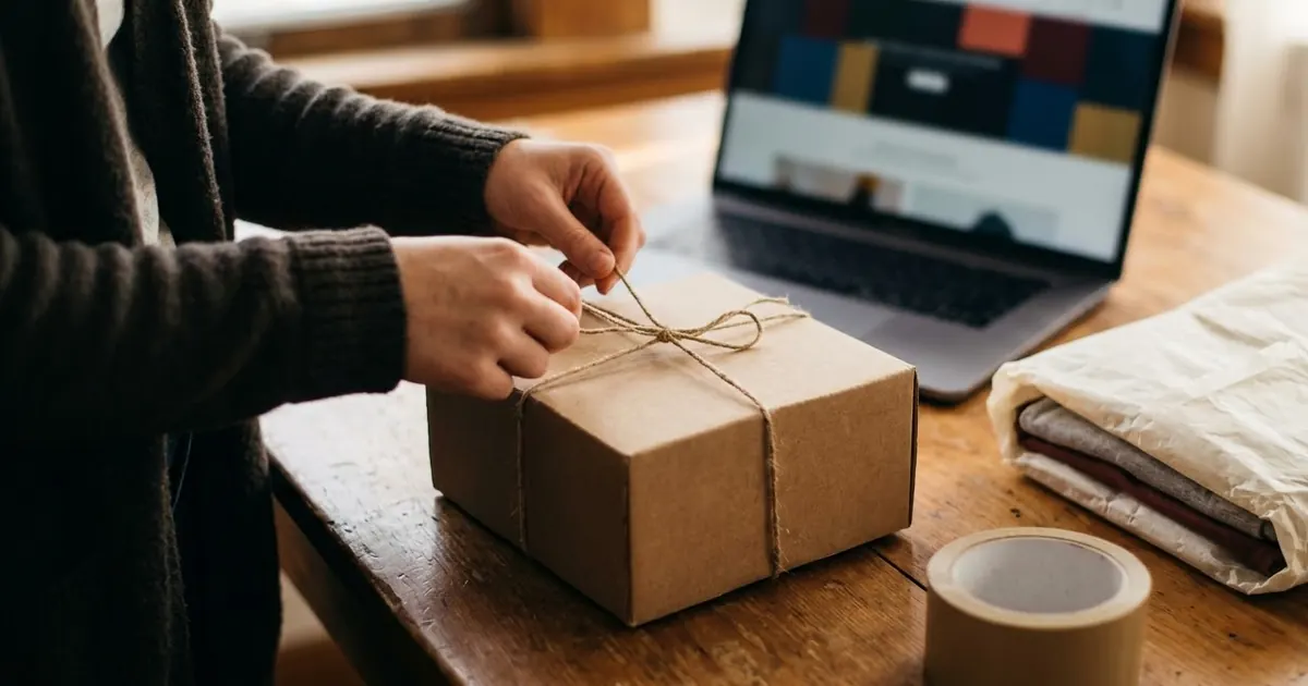 A small online shop owner packing orders at a desk with a laptop showing a Black Friday sale banner