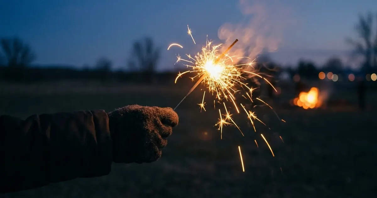 A gloved hand holding a lit sparkler at arm's length against a dark blue evening sky, with warm orange sparks trailing in a soft arc