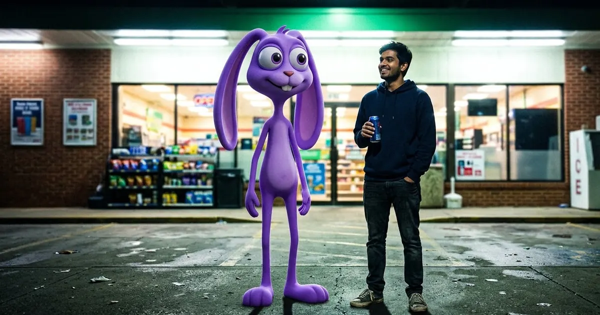 A tall purple 3D cartoon rabbit standing beside a young man outside a brightly lit convenience store at night