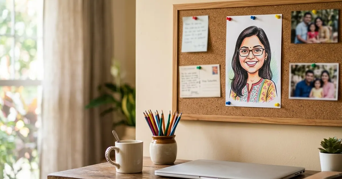A hand-drawn caricature sketch of a smiling office worker pinned on a corkboard above a desk with coloured pencils