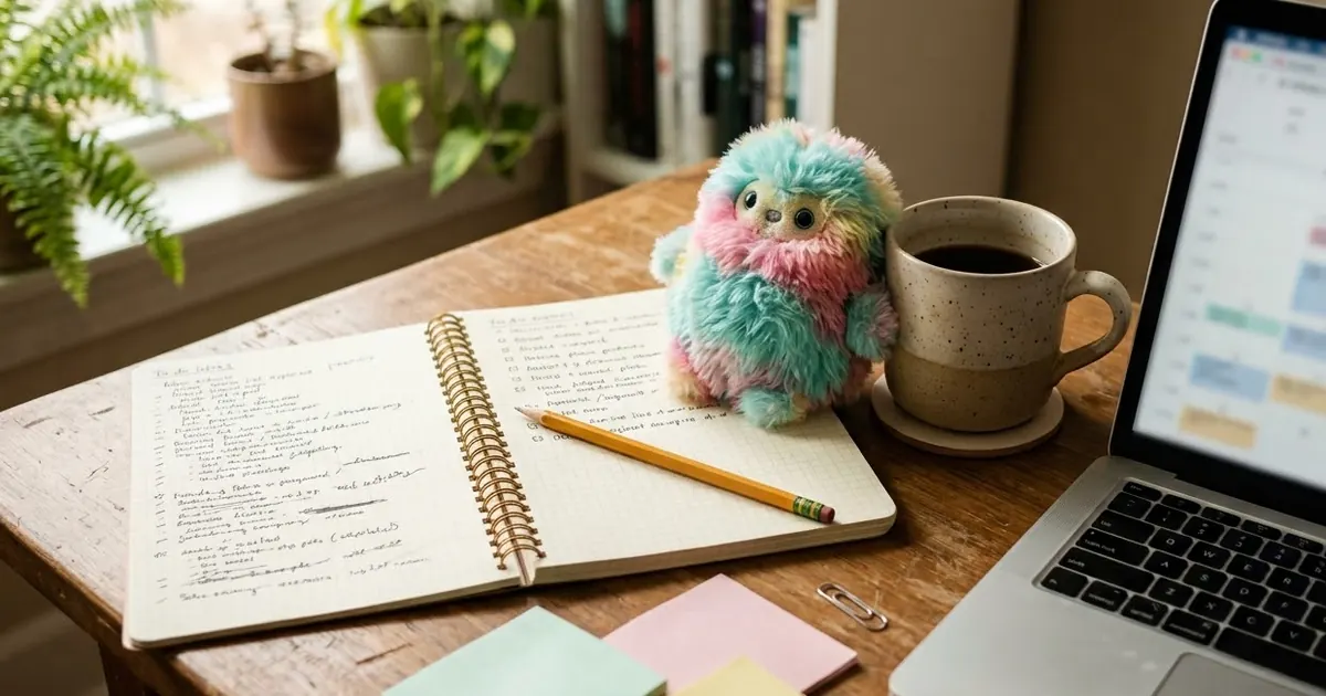 A neat desk with an open notebook of handwritten to-do lists, a laptop showing a blurred calendar, and a colourful fuzzy plush toy leaning against a coffee mug
