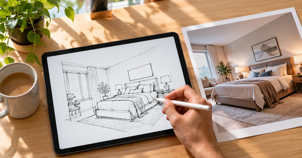 A hand holding a stylus over a tablet showing a rough pencil sketch of a room layout, on a wooden desk in daylight