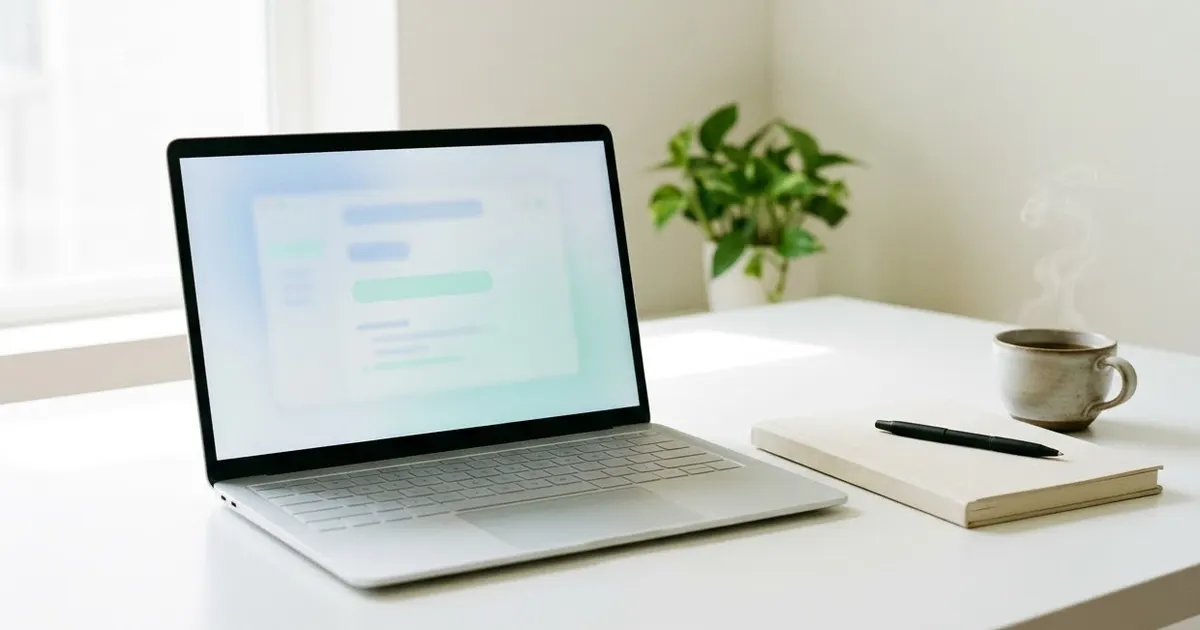 A silver laptop on a bright white desk with a soft blurred chart and chat shapes on screen, beside a notebook, a pen and a cup of tea