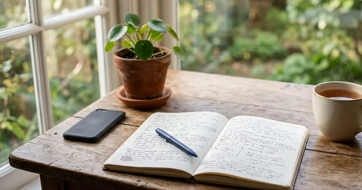 An open notebook with handwritten notes, a pen and a cup of tea on a wooden table in soft morning light by a window