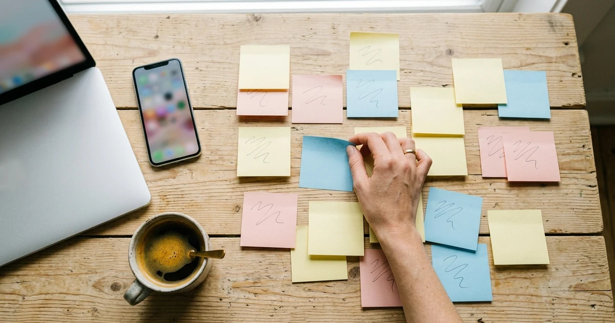 Hands arranging colourful sticky notes into a campaign plan next to a laptop, a phone and a coffee
