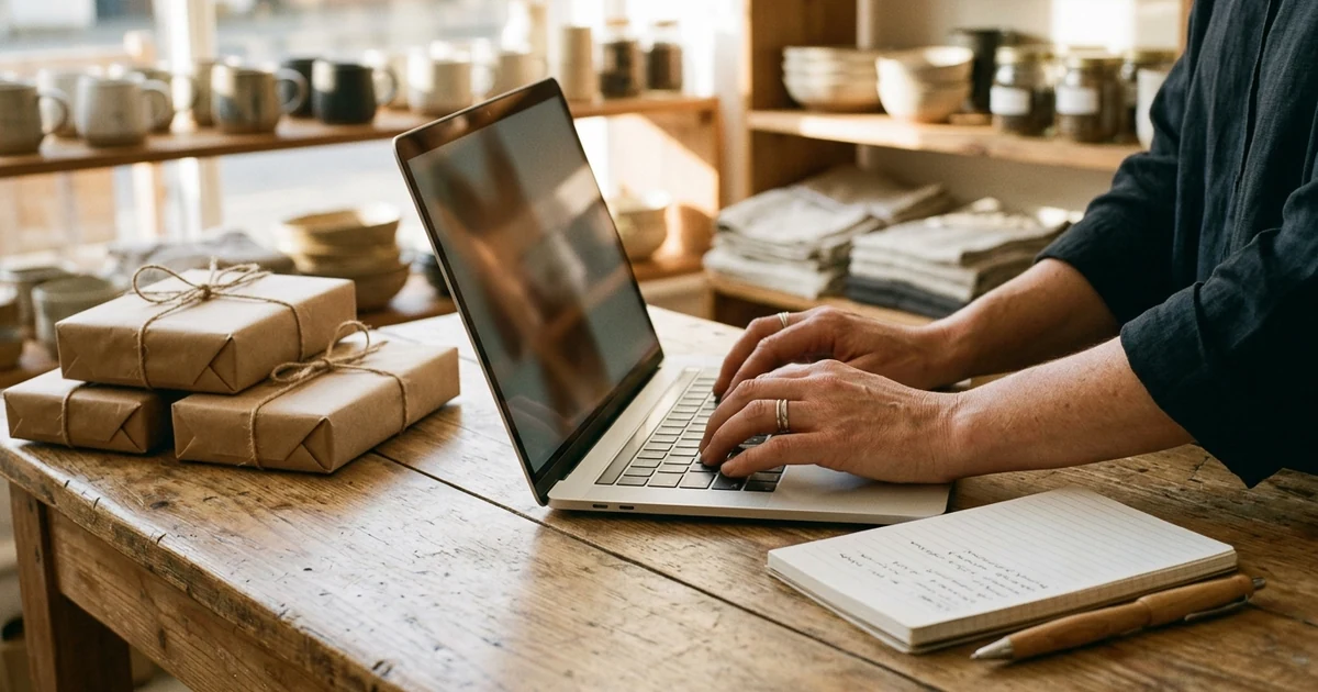 A shop owner's hands at the counter with a laptop, a notebook of figures and kraft-paper parcels ready to send