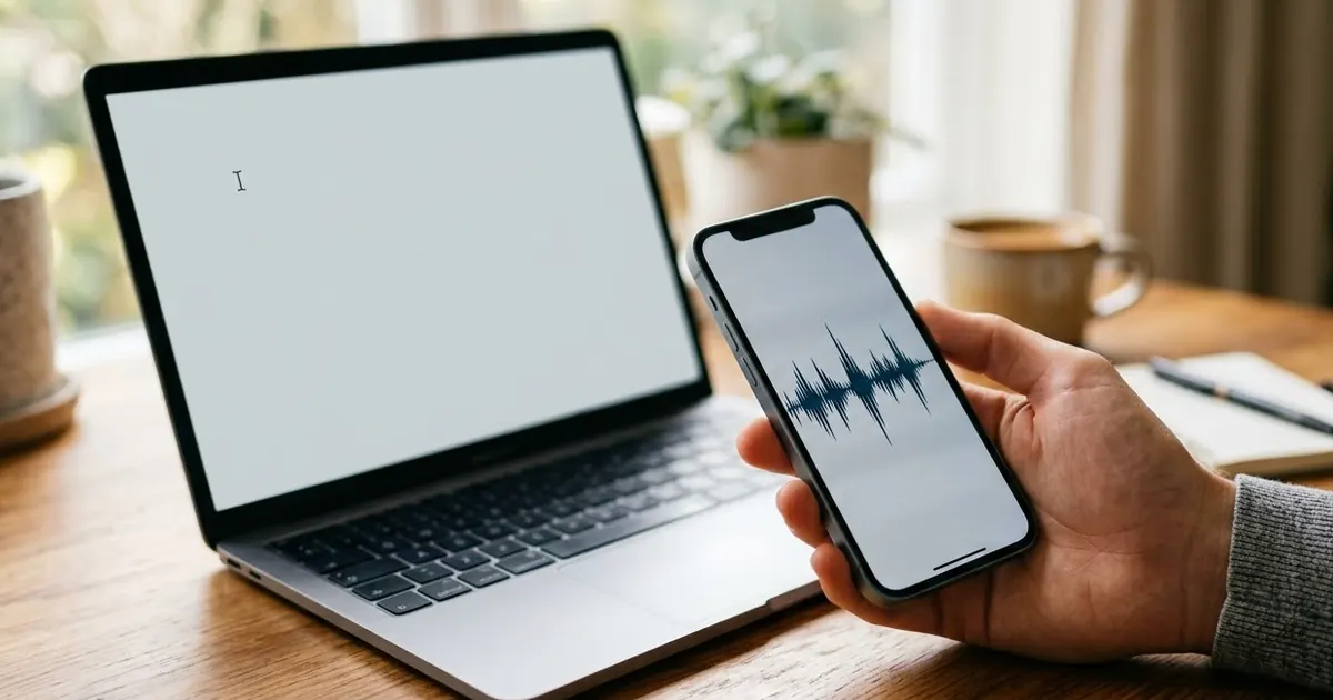 A hand holding a phone showing a voice waveform beside an open laptop with a blank document on a home desk