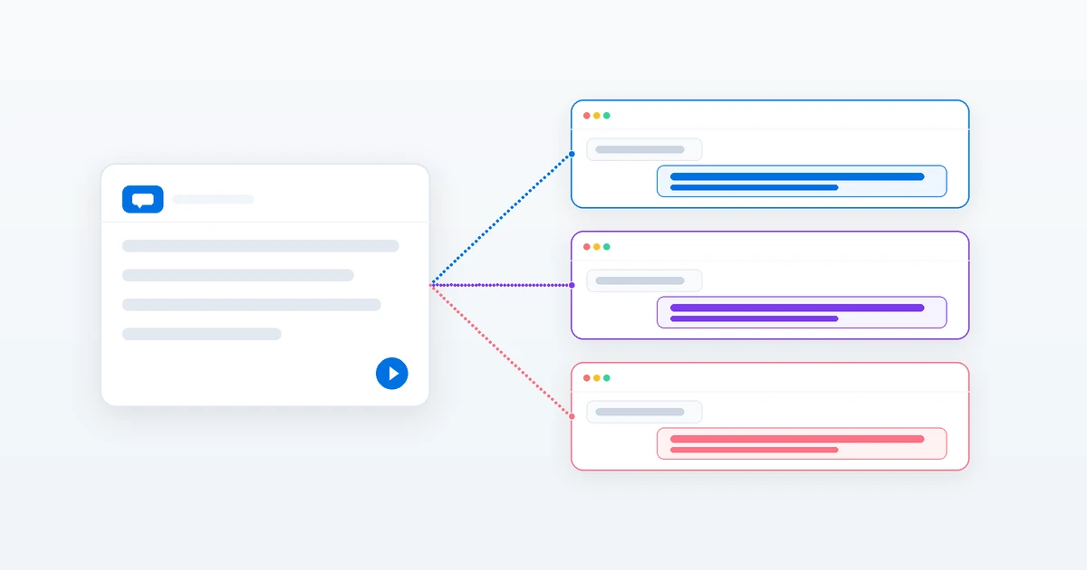 One prompt card feeding into three separate chat windows side by side