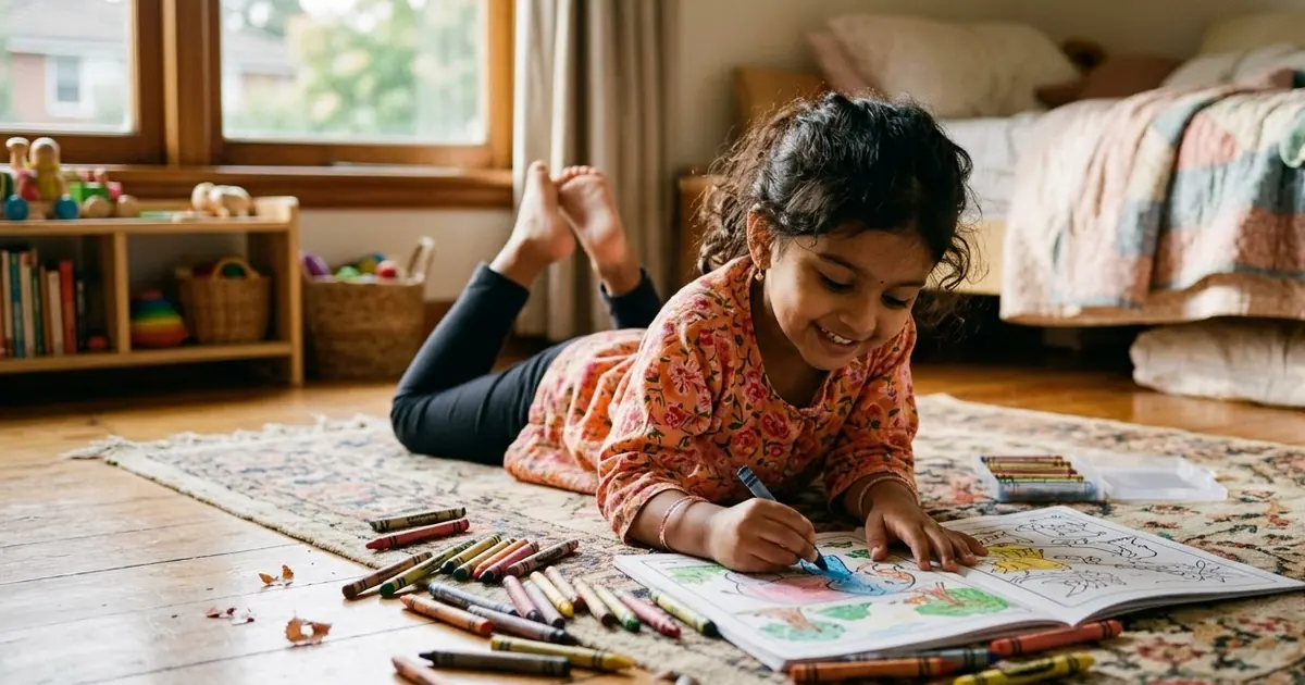 A small child lying on a bedroom floor colouring a printed page of a cartoon version of themself, crayons scattered around, afternoon light