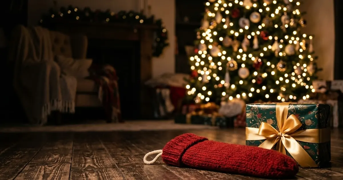 A family sitting by a decorated Christmas tree at night, warm string lights glowing and soft snow falling outside the window