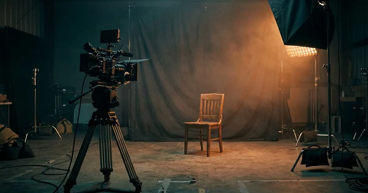 An empty film set with a cinema camera on a tripod aimed at a wooden chair under a warm softbox light