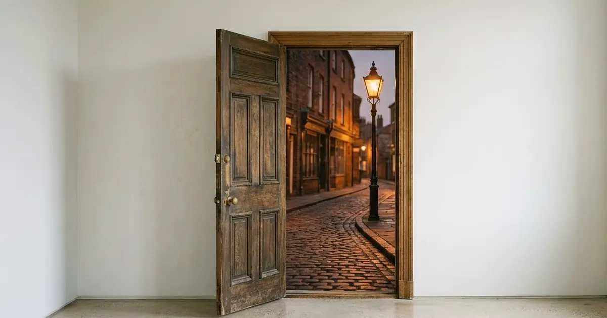 An open wooden door in an empty white room, with a lamplit cobblestone street at dusk visible through the doorway